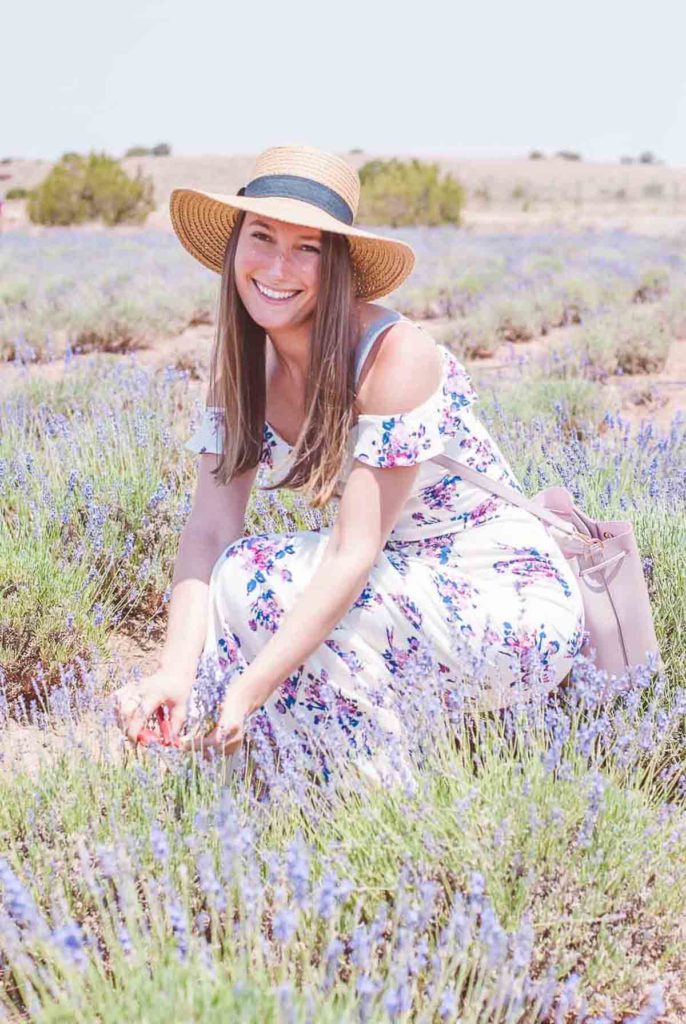Woman wearing a hat and sitting in a field of lavender field